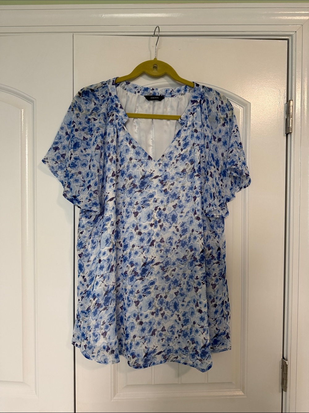 Light Blue Floral V-Neck Flutter Sleeve Blouse by Kensie
